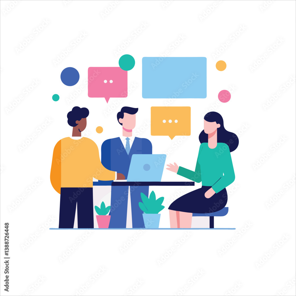 Illustration of three people in a meeting with speech bubbles and a laptop Illustration of three people in a meeting with speech bubbles and a laptop