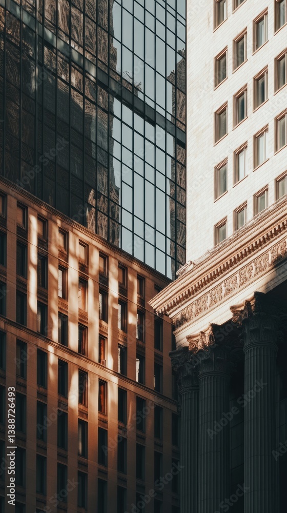 Fototapeta premium Urban Heritage Reimagined Architectural Narrative of Timeless Design - Modernist Glass Skyscraper Meets Neoclassical Columns in Compelling City Evolution Showcase