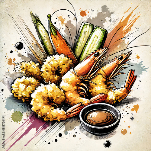 This artwork showcases an arrangement of cooked shrimp and crispy vegetables, complemented by a dipping sauce. The vibrant colors and bold lines enhance the appetizing presentation