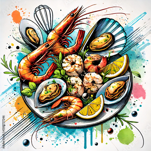 A colorful seafood platter displays a variety of fresh shrimp, oysters, and scallops garnished with herbs and lemon slices, suggesting a coastal dining experience