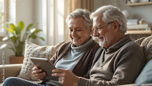 Older couple using tablet together in cozy modern living room with natural light, warm tones, soft focus, showing connection and tech use, perfect for lifestyle and inclusivity themes