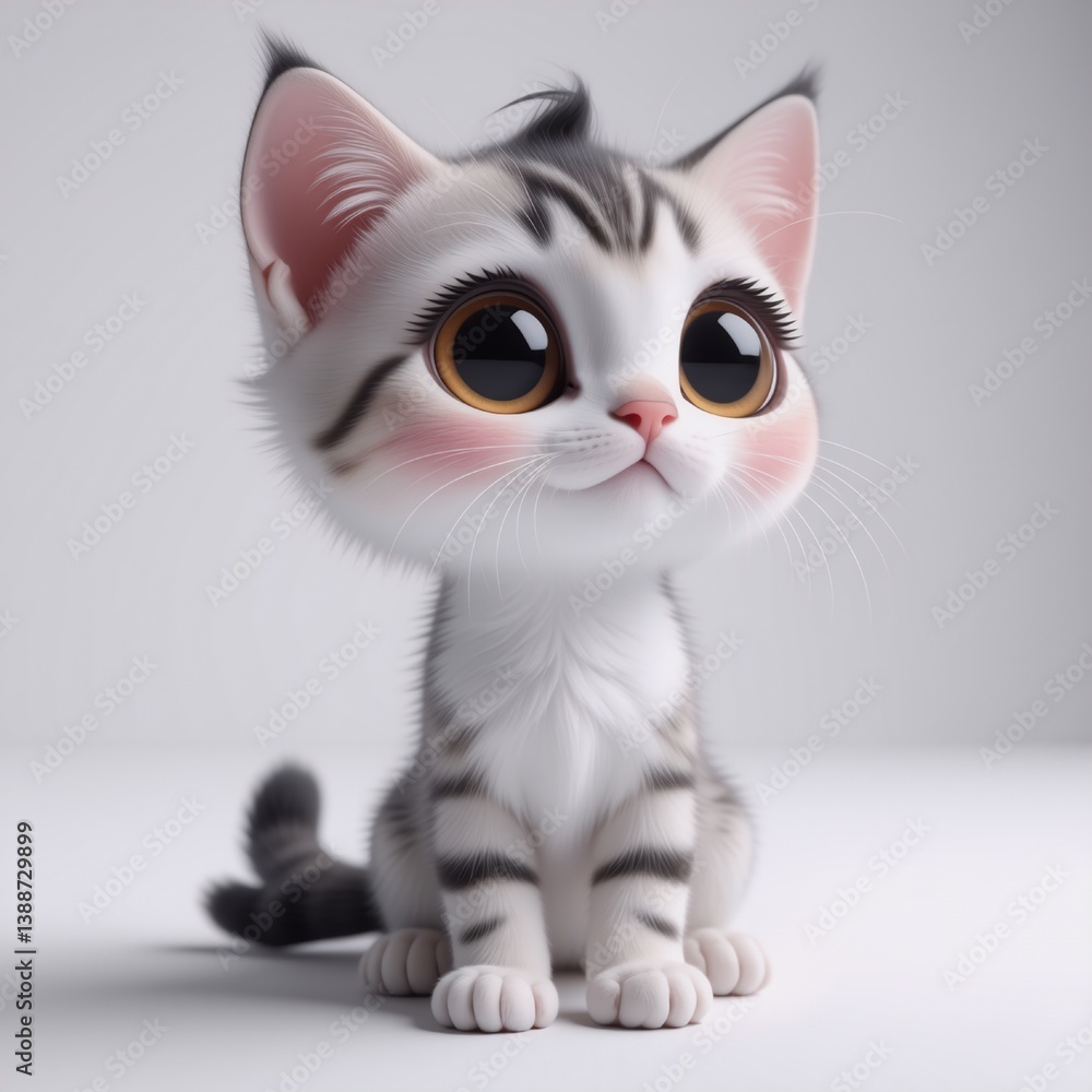 Obraz premium A charming, fluffy grey and white tabby kitten with big, bright eyes and rosy cheeks sits playfully on a white surface. This adorable digital art illustration captures the innocent sweetness of a baby
