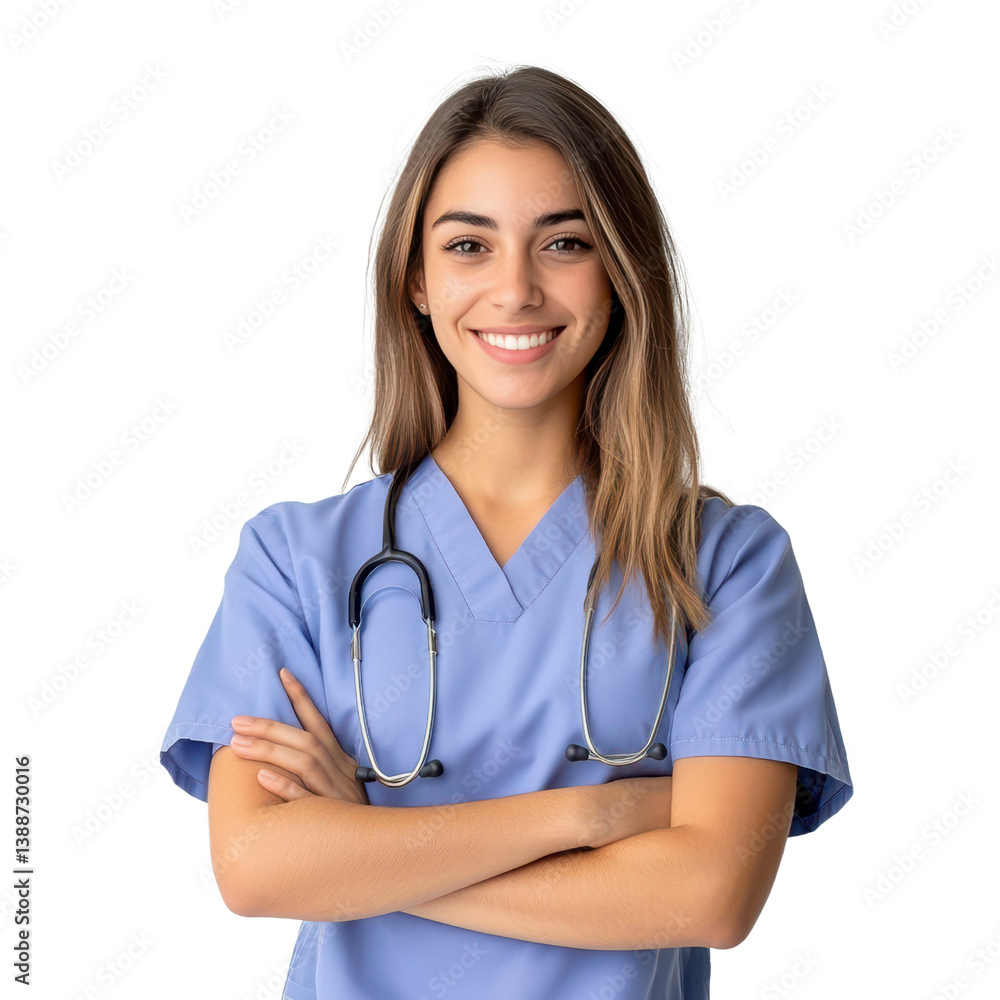 Confident Smiling Female Nurse or Doctor in Scrubs with Stethoscope Healthcare Professional Portrait