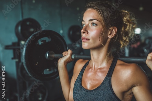 woman lifting weights in gym.