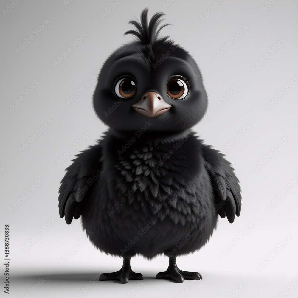Fototapeta premium A fluffy, adorable black bird chick with big brown eyes, soft feathers, tiny beak and feet stands against a plain background.