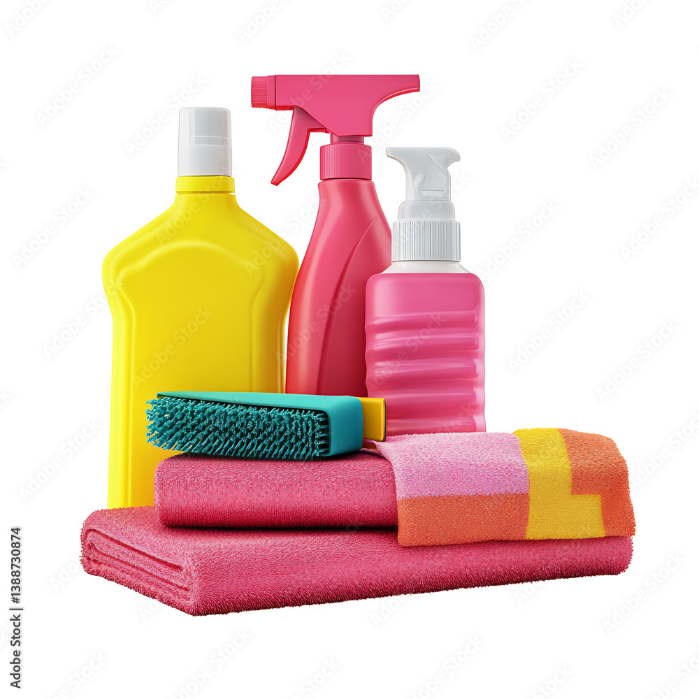 Brightly colored cleaning supplies neatly arranged against white background. AI Generated Brightly colored cleaning supplies neatly arranged against white background. AI Generated