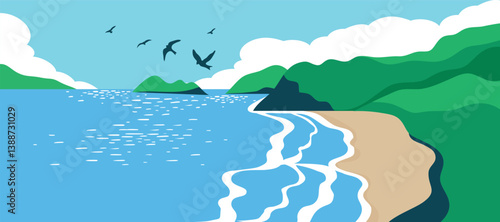 Abstract landscape background vector. Panorama view wallpaper in minimal design with mountain, sea, bird, cloud. Illustration for print, interior, wall art, decoration, cover, banner. 