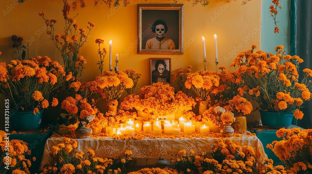 Fototapeta premium Day of the Dead Altar with Marigolds Candles and Portraits
