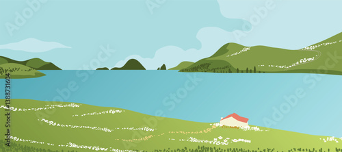 Abstract landscape background vector. Panorama view wallpaper in minimal design with river, house, mountain, sun. Illustration for print, interior, wall art, decoration, cover, banner. 