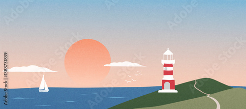 Abstract landscape background vector. Panorama view wallpaper in minimal design with mountain, sunset, lighthouse, bird, sailboat. Illustration for print, interior, wall art, decoration, banner. 