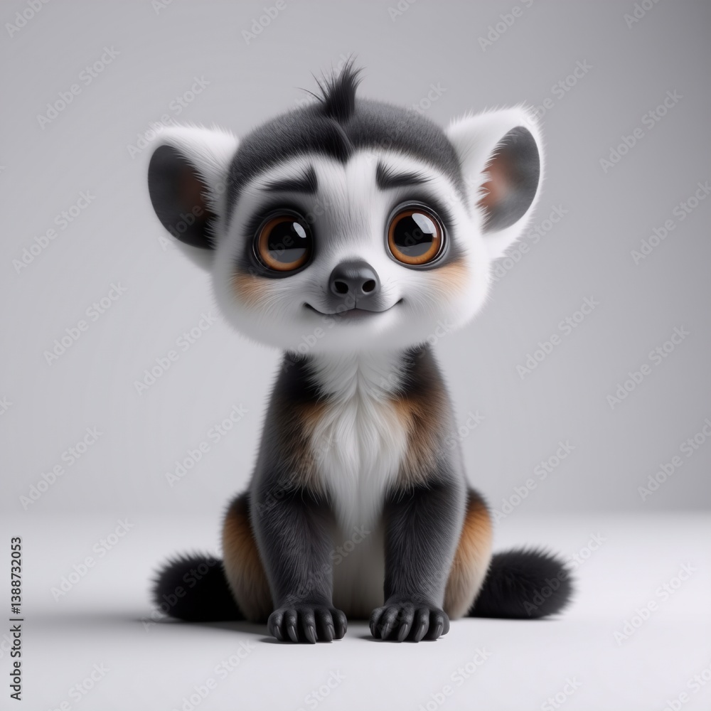Obraz premium A charming lemur with soft fur and big, endearing eyes gazes directly forward. The adorable creature is sitting on a plain white surface, creating a simple studio portrait.