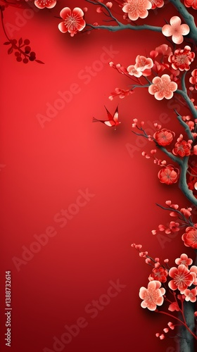 Red Background with Peach Blossom Branches and Bird for Spring Festival Design