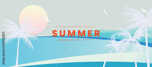 Abstract landscape background vector. Panorama view wallpaper in minimal design with sea, beach, mountain, sailboat. Illustration for print, interior, wall art, decoration, cover, banner. 