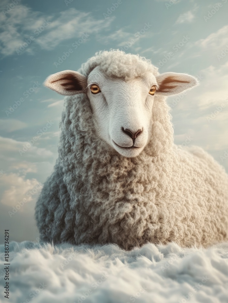 Sheep Portrait Lying on Cloud Fluffy Wool Animal Farm Concept Sheep Portrait Lying on Cloud Fluffy Wool Animal Farm Concept
