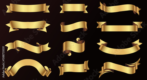 Set of gold ribbon banners template design. Luxury ribbons isolated on black background. vector