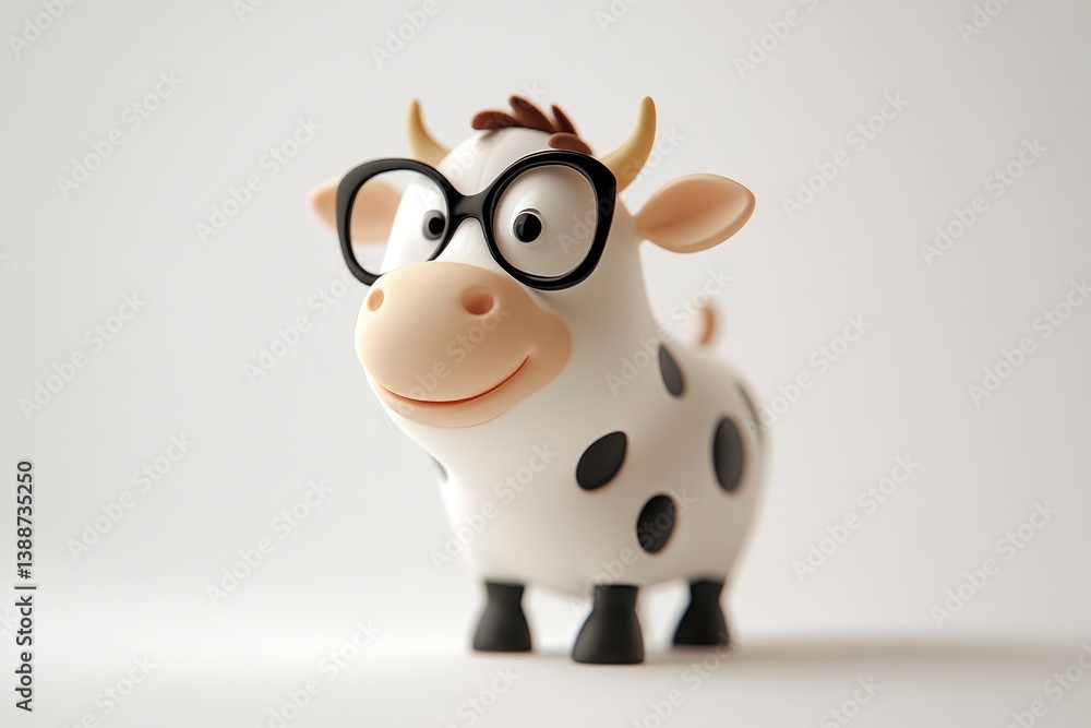 Cartoon Cow Wearing Glasses Standing in Studio on White Background Cartoon Cow Wearing Glasses Standing in Studio on White Background