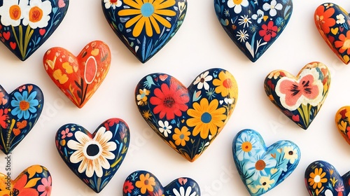 Creative generative AI design of heart shaped floral patterns with vibrant colors set against a clean white background for valentines day