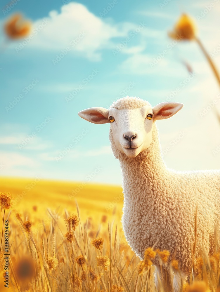 Fototapeta premium Sheep Standing in Golden Field on Sunny Day Farm Animal Portrait
