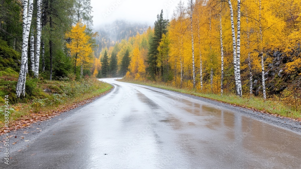 Fototapeta premium A wet asphalt road curves gently through a scenic autumn landscape. Golden and yellow birch trees line the roadside, their leaves contrasting with the gray sky. The image is high-quality, showing sh