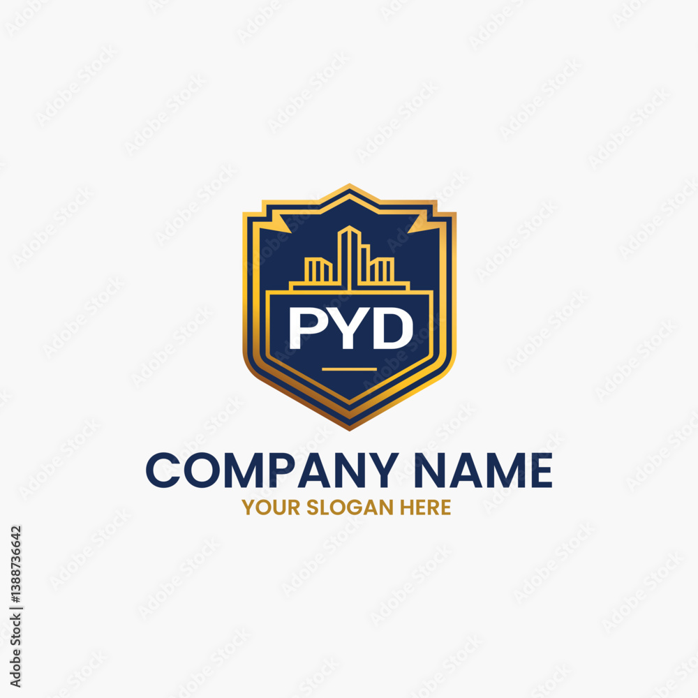 Naklejka premium The shield logo with buildings and PYD initials is perfect for real estate, construction, or property firms seeking a bold, professional identity