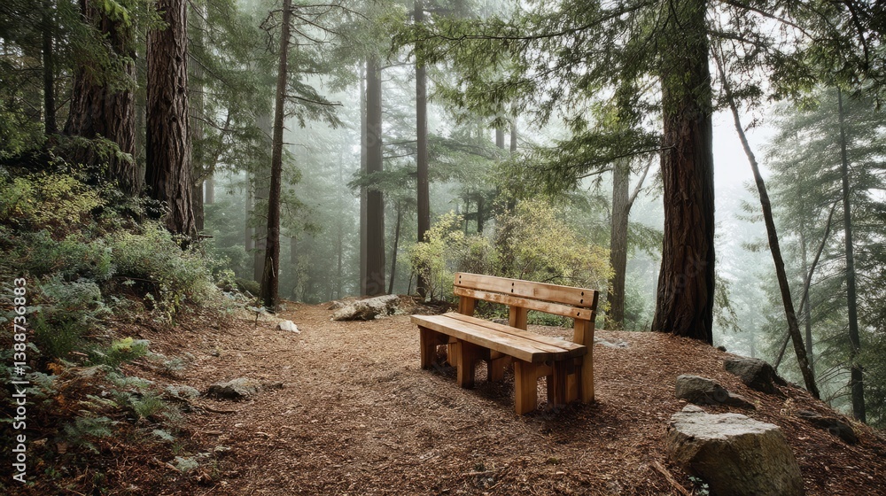 Generic Redwood Forest Scene Mist Wooden Bench Fresh Generic Redwood Forest Scene Mist Wooden Bench Fresh