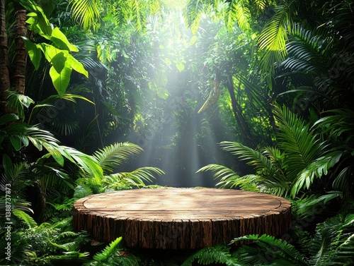 Wooden podium nestled in a lush tropical forest surrounded by vibrant greenery and nature's beauty