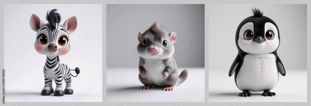 Fototapeta premium Here is the requested description and keywords:The image presents three adorable cartoon animals, each on a white background. There's a charming zebra, a cute mouse and a penguin. They each have big