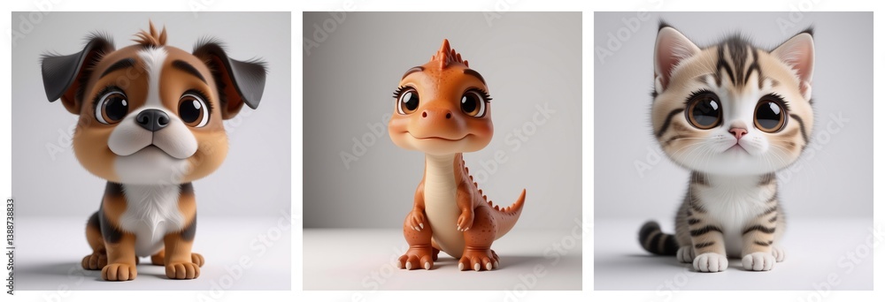 Here's a description and keyword list:
Adorable trio of stylized creatures: a puppy, a dinosaur and a kitten. Each character boasts large eyes and a cute expression. Soft lighting and a clean backgro Here's a description and keyword list:
Adorable trio of stylized creatures: a puppy, a dinosaur and a kitten. Each character boasts large eyes and a cute expression. Soft lighting and a clean backgro