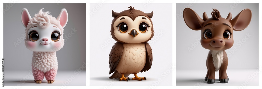 Fototapeta premium The image features three adorable, stylized baby animals: a llama, an owl, and a deer. They have big eyes and are full of cuteness.