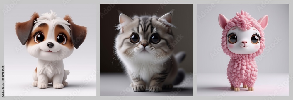 Fototapeta premium The image features adorable, cartoonish animals: a puppy, a kitten, and a llama, all with big eyes and cute expressions. The overall style is sweet and appealing.