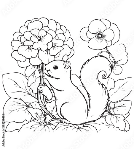 Coloring book squirrel nibbling on a vibrant begonia. Bushy tail and bright eyes explore the soft petals 