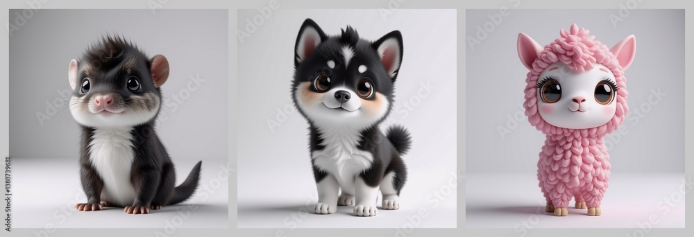 Fototapeta premium Adorable, cartoonish critters in various poses. One features a dark and white fur, another a black and white fur and the last pink, fluffy character with big eyes, all on a neutral background.