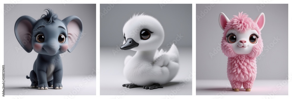 Naklejka premium Adorable trio of cartoon animals: an elephant, a duck, and a llama, each with big, expressive eyes. They are rendered in a cute, fluffy style against a plain backdrop.