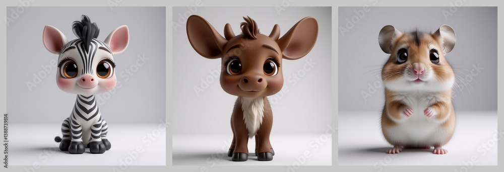 Fototapeta premium Here's a description and keywords based on the image provided:Three adorable, animated, cute animals: a striped, small zebra, a brown deer-like creature, and a fluffy hamster. They appear stylized a