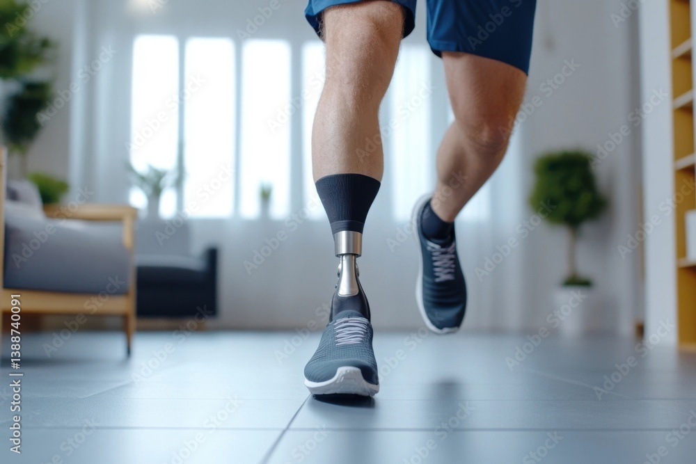 Man with prosthetic leg running indoors, jogging in living room, exercising at home. Man with prosthetic leg running indoors, jogging in living room, exercising at home.