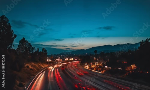 Wallpaper Mural City lights blur with long exposure at dusk. Highway cuts through, trees & distant hills frame a blue-orange sky Torontodigital.ca