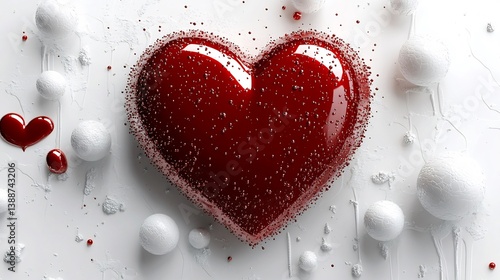 Glistening red heart surrounded by abstract nubes and shiny textures set against a white background symbolizing romance and love perfect for wedding or valentine themed cards