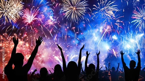 Wallpaper Mural Silhouette of a music festival crowd enjoying a live band performance, with fireworks bursting in the night sky. Torontodigital.ca