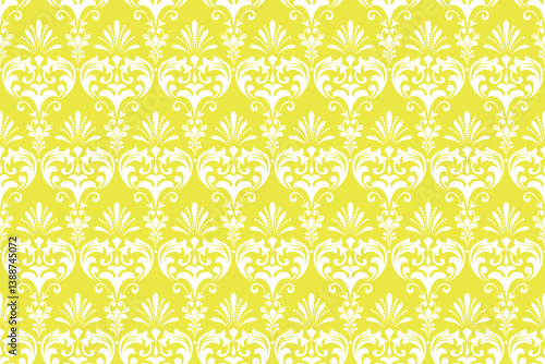 Wallpaper in the style of Baroque. White and yellow floral ornament. Seamless vector background. Graphic pattern for fabric, wallpaper, packaging. Ornate Damask flower illustration