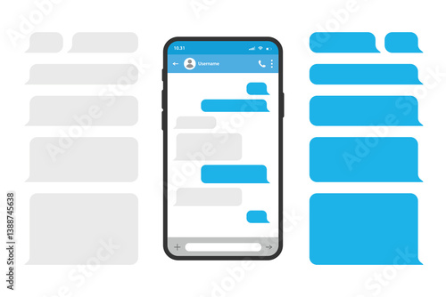 Smart phones chatting message template bubbles. Chat templates, message, phones and speech bubbles blue colour in flat style. Sms template bubbles for compose dialogues.