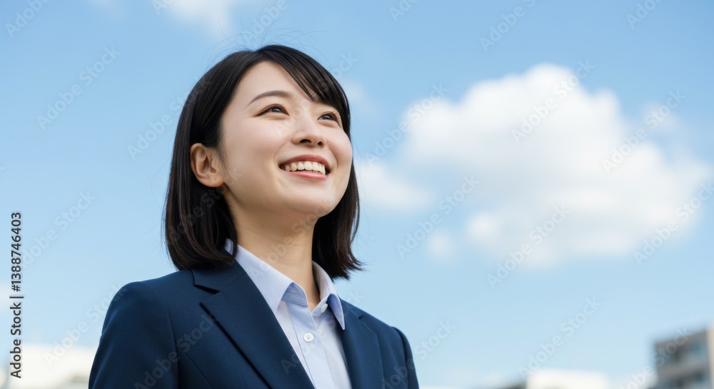 青空の下、希望に満ちた笑顔の若いビジネスウーマン | 将来を見据えるキャリア女性の成功、ポジティブな展望、企業広告、採用イメージに 青空の下、希望に満ちた笑顔の若いビジネスウーマン | 将来を見据えるキャリア女性の成功、ポジティブな展望、企業広告、採用イメージに