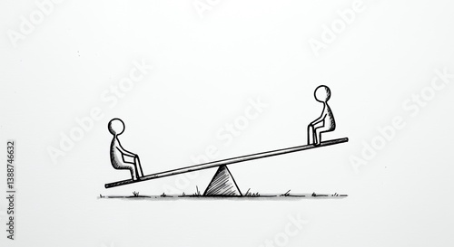 Balancing Act Hand Drawn Illustration of Two Stick Figures on Seesaw