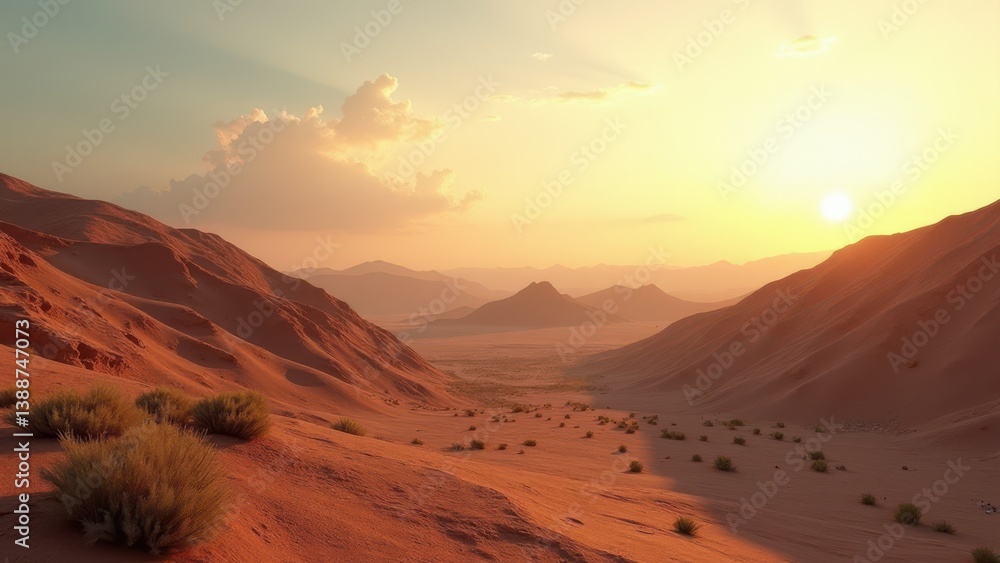 Naklejka premium Rolling desert hills with scattered shrubs at sunset under clear sky 