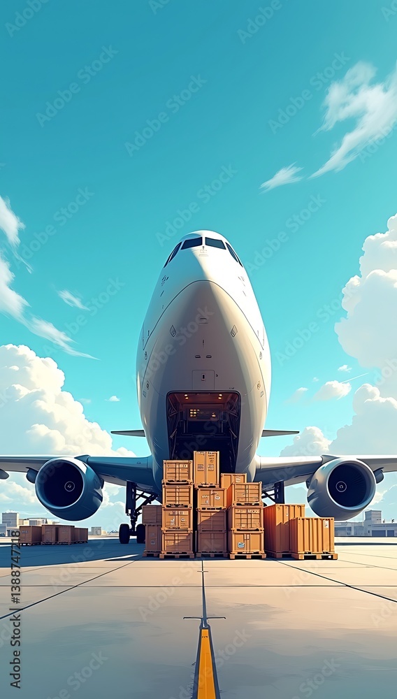 Fototapeta premium Cargo Plane Loading Pallets of Goods, Symbolizing Air Freight Logistics and Global Supply Chains 