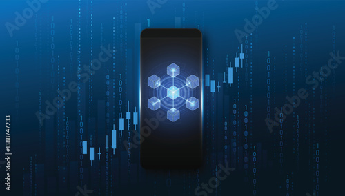 Blockchain on Smartphone with Binary Code Background. vector illustration