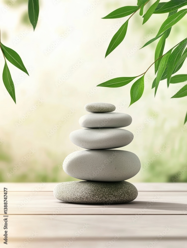 Stacking Stones with Green Leaves for Meditation and Relaxation Concept Stacking Stones with Green Leaves for Meditation and Relaxation Concept