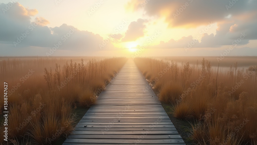 Naklejka premium Wooden boardwalk through grassy dunes at sunrise with soft light and distant fog 
