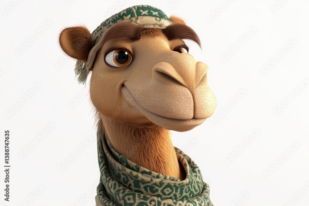 Naklejka premium Cartoon Camel Portrait with Scarf and Hat Isolated on White Background