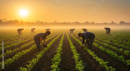 Farmers harvesting crops in the morning light