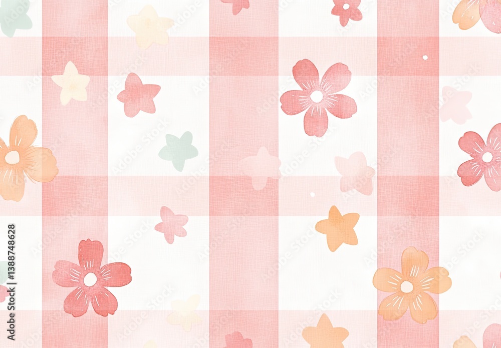 Delicate floral print on a soft pink gingham background Delicate floral print on a soft pink gingham background